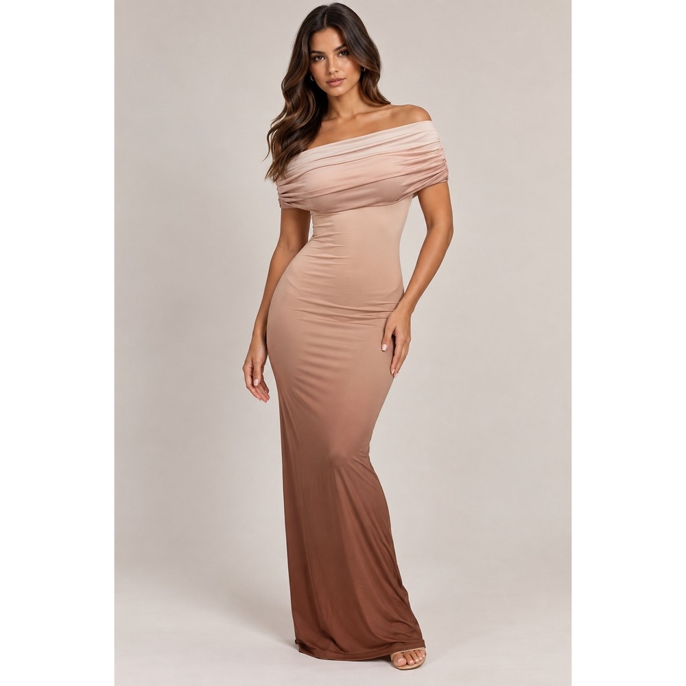 MESHKI Neutral Ombre Off Shoulder Ruched Bodycon Maxi Dress Size S